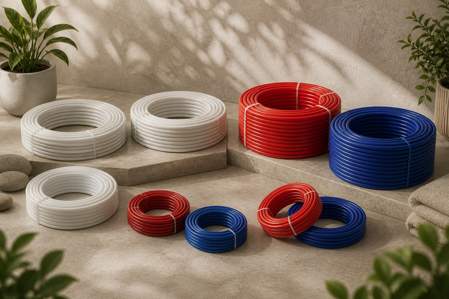 Underfloor heating coil and floor-layer cross section