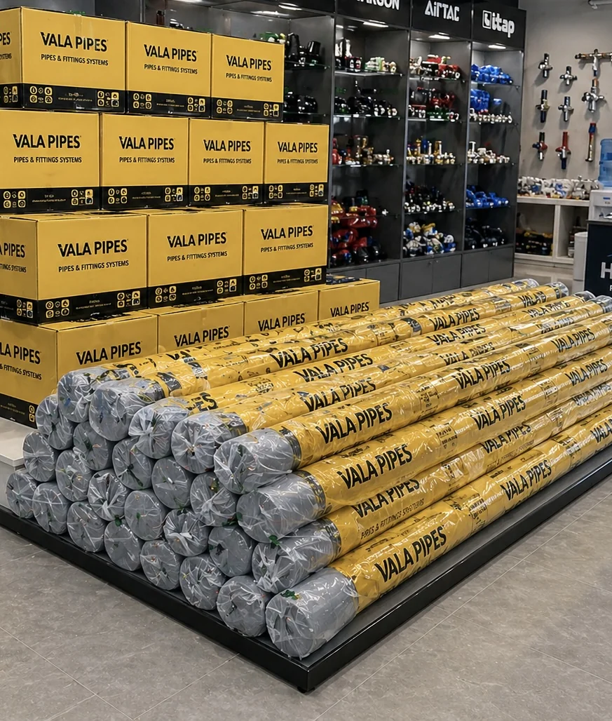 Yellow VALA PIPES boxes and packaged pipe rolls at a dealer showroom — distributor display