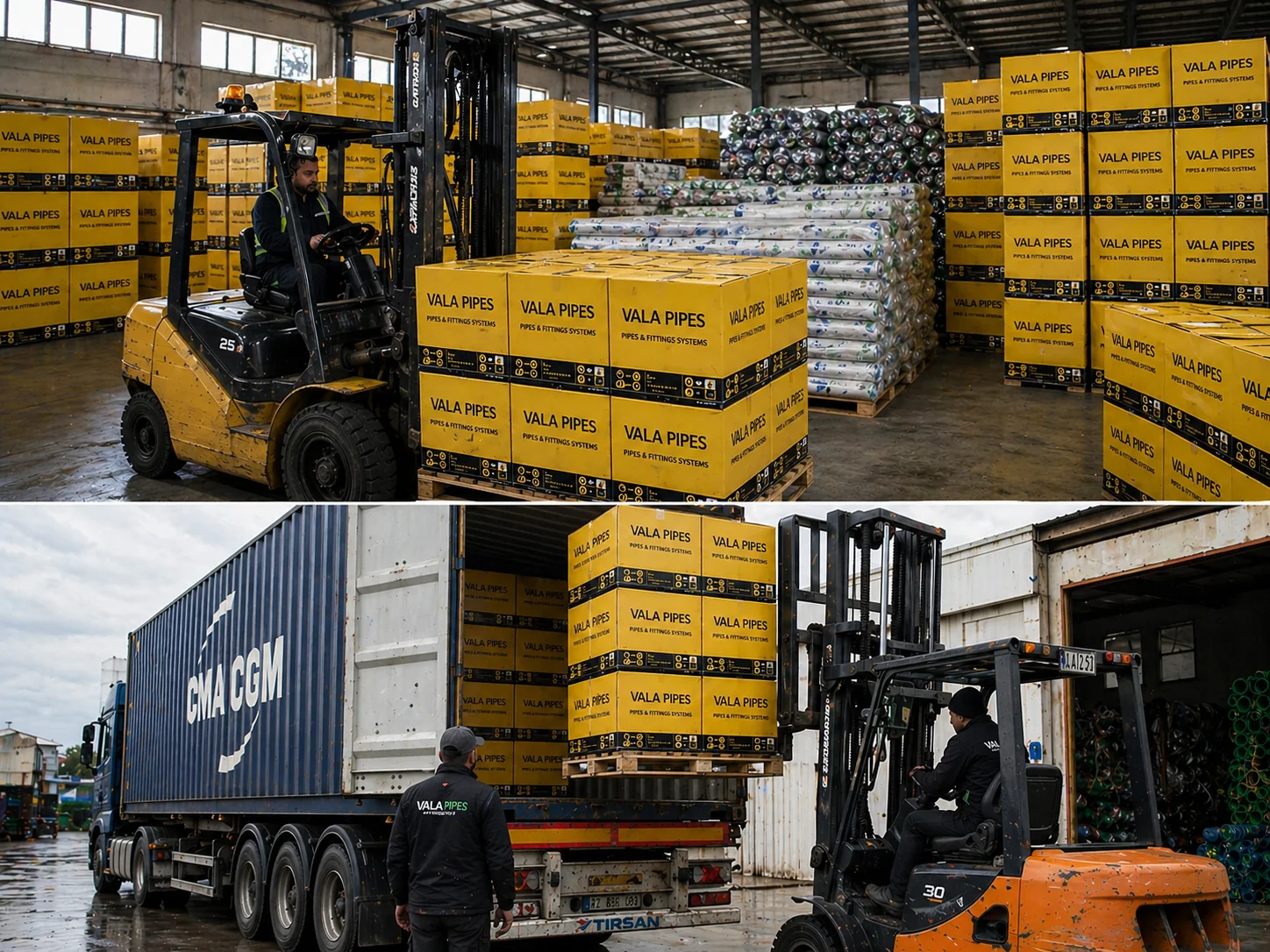 VALA Pipes — warehouse forklift and CMA CGM container loading: integrated flow from factory to export