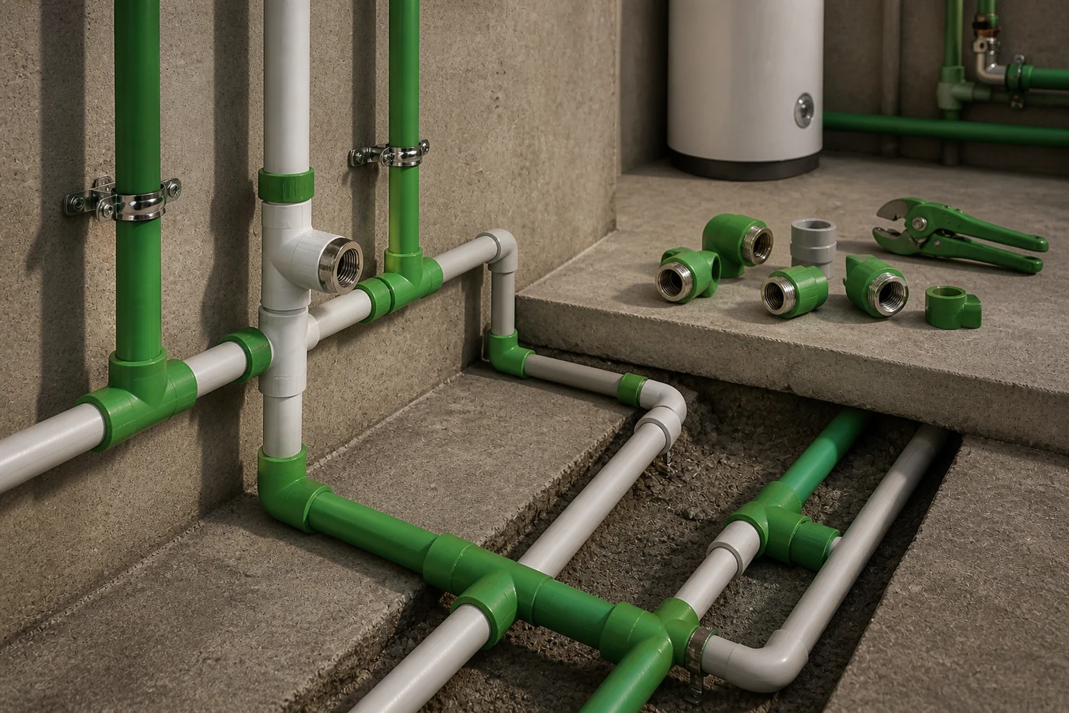 Multi-storey residential PPR-C plumbing — hot and cold water risers